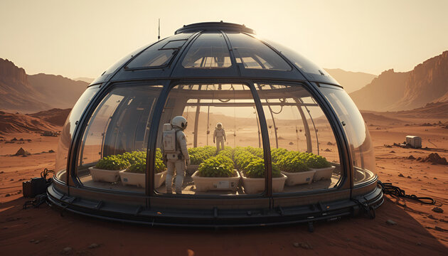 Mars Biodome Research Lab Growing Vegetables Hydroponic Farming on Red Planet Space Agriculture Concept , Space day