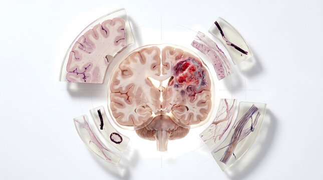 Human Brain Anatomy With Cross-Sections Showing Damage