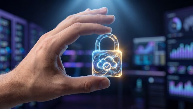 Secure cloud data protection concept, hand holding glowing padlock icon with digital network and server background