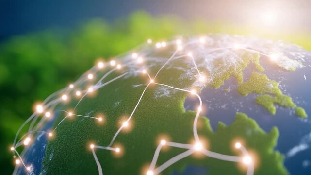 Global Network: A radiant network of interconnected nodes intricately weaves across a verdant Earth, symbolizing the boundless connectivity of global communications.
