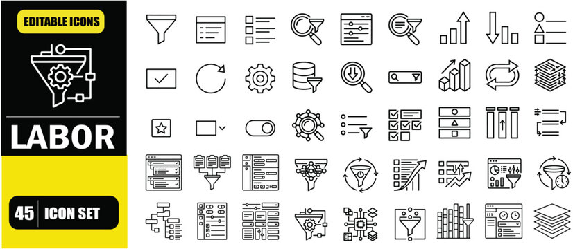 Filter and Sorting Icon Set &ndash; Data Filtering, Search Tools, Sorting Options, User Interface Controls and Data Organization Line Icons &ndash; Thin Line Editable Stroke Vector Illustration for UI UX, Web, Ap