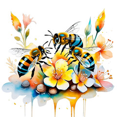 Fototapeta premium Artistic Honey Bees Gathering Nectar from Yellow and Orange Spring Flowers in Traditional Japanese Watercolor Sumi-e Style Vector 
