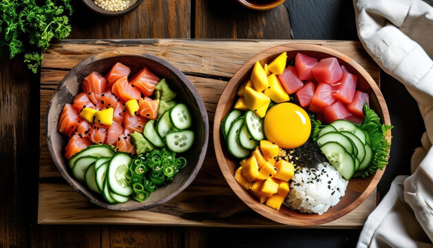 Top view of rustic kitchen set with sushi bowls and fresh ingredients on wooden table with copy space