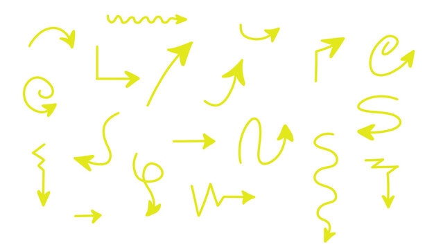 Set of hand-drawn yellow arrow illustrations pointing in various directions on a white background, doodle style, transparent.