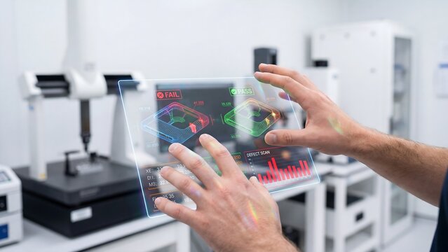 Technician interacts with an advanced holographic interface, performing real-time quality control and data analysis in a modern industrial setting