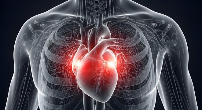 Detailed Heart Anatomy with Intense Red Glow Showing Ischemic Pain and Reduced Blood Flow