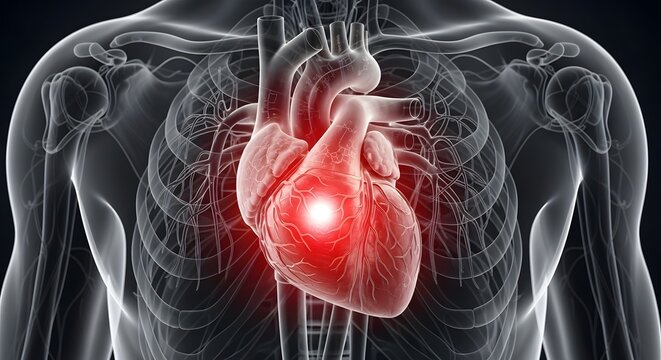 Clean Medical Visualization of Cardiac Ischemia with Highlighted Heart Pain and Circulatory Issue
