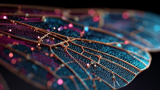 A macro view of an insect wing with an integrated glowing digital network. Bionics, futuristic nature, advanced technology.