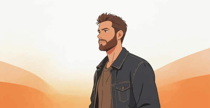 Stylized bearded man standing in warm desert landscape