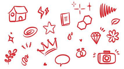 Red doodle sketch icon set vector illustration, house, camera, crown, diamond, flower, star, speech bubble, rings on white background. Transparent. © Atheefa