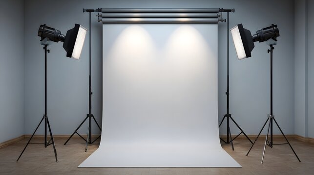 A professional studio lighting setup featuring a seamless white backdrop ideal for product photography and e commerce visualization