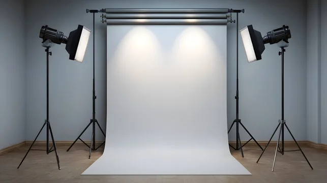 A professional studio lighting setup featuring a seamless white backdrop ideal for product photography and e commerce visualization