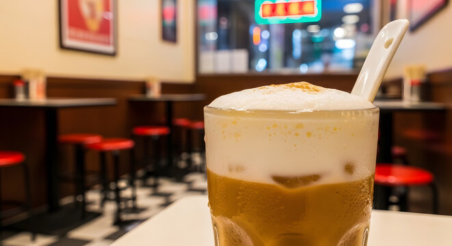 Frothy Hong Kong styled chilled milk tea served in a glass inside of an empty Kopitiam with a bright neon lighting sign
