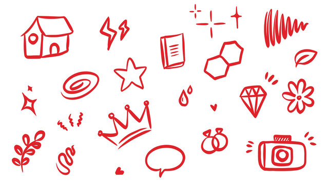 Red doodle sketch icon set vector illustration, house, camera, crown, diamond, flower, star, speech bubble, rings on white background. Transparent.