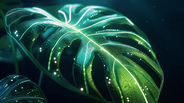 A green monstera leaf with a glowing digital network on its veins. Futuristic ecology, bio-technology, data flow.