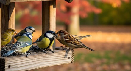 Group Of Lively Garden Birds Sharing Seeds On Rustic Wooden Feeder In Warm Autumn Park, With Soft Golden Background And Red Foliage, Showing Social Interaction, Seasonal Colors, And Charming Backyard 