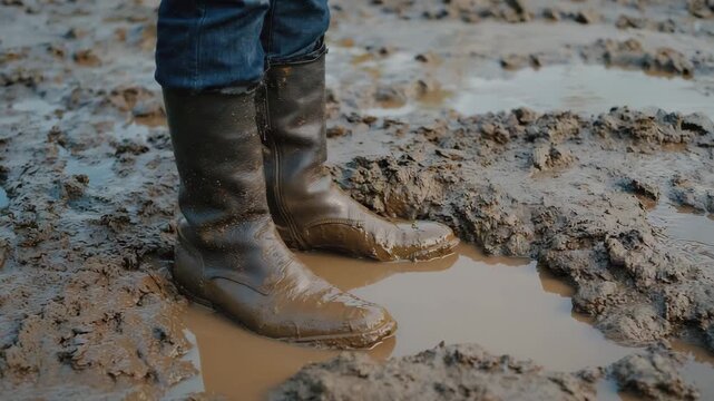 Pair of worn leather boots submerged in thick, wet mud at a natural shoreline, capturing rugged outdoor adventure and exploration after rainfall