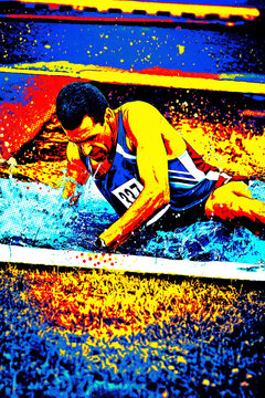 Runner leaping over hurdle in steeple chase water jump, vibrant pop art illustration, endurance racing and athletic obstacle concept