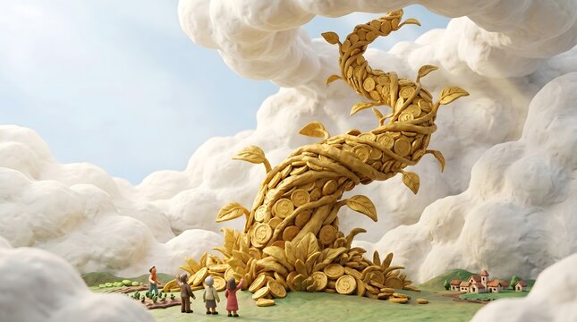 Money Tree Growing Gold Coins with Miniature People for Investment Growth