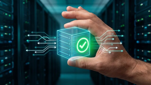 Hand securing a validated digital data block with a checkmark, representing robust network integrity, advanced technological solutions, and secure server infrastructure