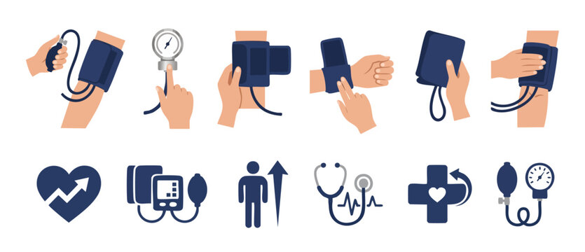 Blood Pressure Measurement Icon Set, Sphygmomanometer and Heart Health Symbols for Medical Infographics and Patient Monitoring, Flat Vector Illustration of Hypertension Checkup Diagnostic Tools and Ca