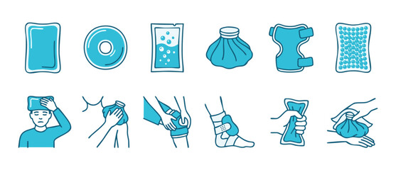 Fototapeta na wymiar Cold Pack and Ice Therapy Vector Icon Set for First Aid and Injury Treatment, Showing Medical Compress Application on Knee, Ankle, Shoulder and Head for Inflammation and Pain Relief Recovery Help