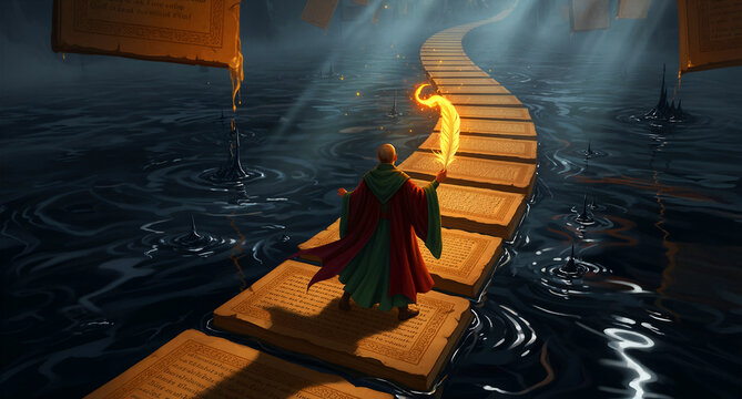 Monk walking on a floating path of ancient scriptures over dark water. He holds a glowing golden quill in a mystical realm. Wisdom and destiny concept for fantasy storytelling and gaming themes.