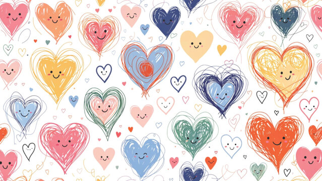 doodle pattern hand drawn hearts in various styles smiling faces vector background 