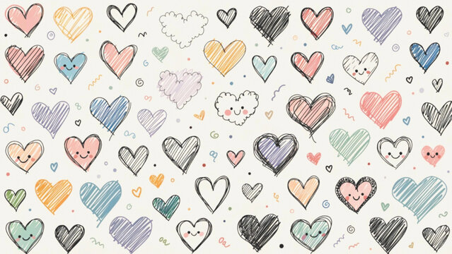 doodle pattern hand drawn hearts in various styles smiling faces vector background 