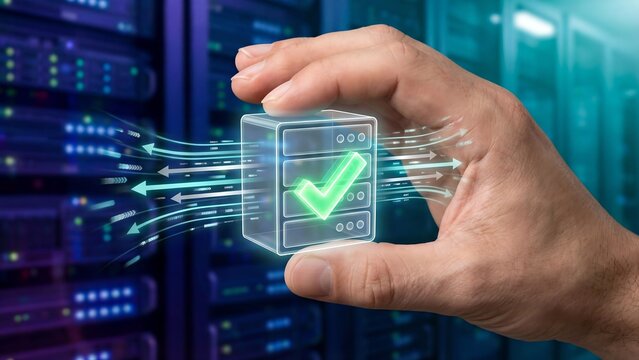 Hand holding secure server cube with checkmark, symbolizing successful data validation and robust digital network operations