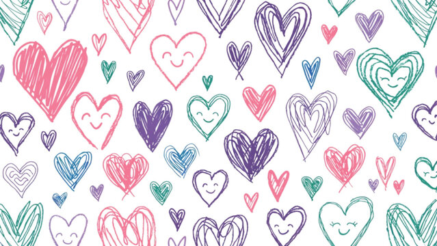 doodle pattern hand drawn hearts in various styles smiling faces vector background 