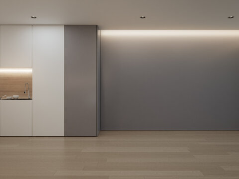Neutral indoor led strip glow in cozy japandi style interior. 3d rendering of empty dining room with kitchen counter and copy space wall for background.