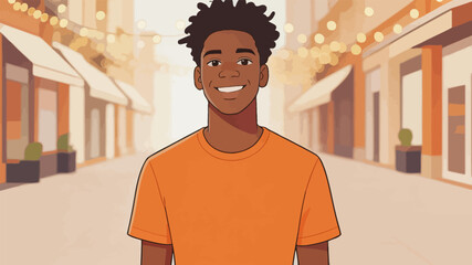 Fototapeta premium Smiling Young Black Man Standing on Warm Downtown Street