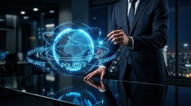 A businessman interacting with a digital globe representing global compliance, standards, and regulations.