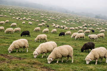 Fototapeta premium Flock of sheep grazing peacefully across misty green pasture landscape scene beautiful
