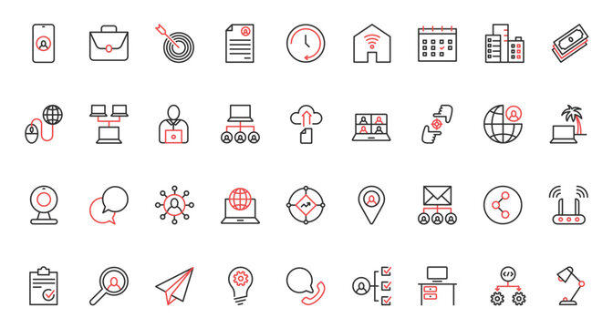 Freelance, work in home office red black thin line icons set vector illustration. Online communication and collaboration of freelancers with remote locations, productivity and portfolio of resume.