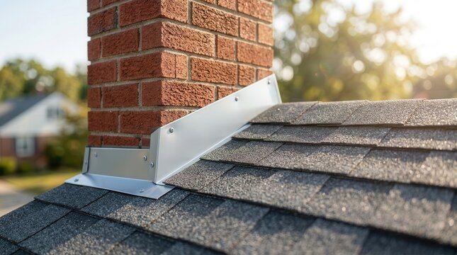 Brick chimney stack with metal flashing on residential asphalt shingles.
