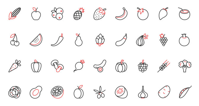 Fruit and vegetable red black thin line icons set vector illustration. Organic healthy farm food for healthy nutrition, fresh apple and orange, banana and cherry berry, carrot and potato for cooking.