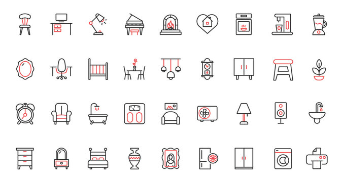 Home furniture and appliances red black thin line icons set vector illustration. Elements for house interior, household equipment collection with wardrobe sink chair sofa bed lamp desk armchair.