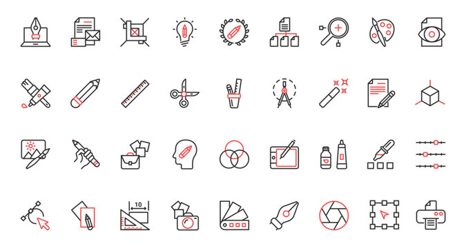 Graphic design red black thin line icons set vector illustration. Tools for creative projects of designer, software and stationery for interface panel in mobile app, pack for creators portfolio.