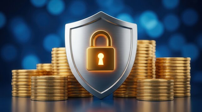 Stack of gold coins with a security shield and padlock symbol for financial security.