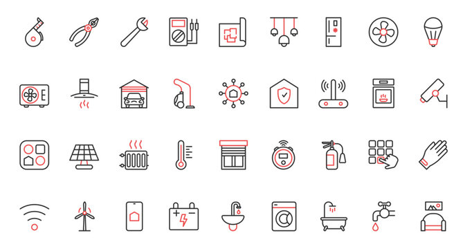 Remote surveillance air conditioner, electrical appliances and device to control energy, temperature lighting, refrigerator. Smart home systems trendy red black thin line icons set vector illustration