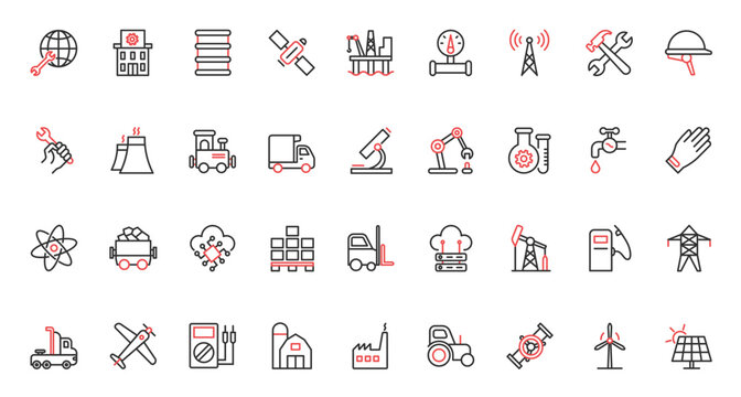 Gas and oil, energy and power production, resources, factory buildings orkers, pipeline manufacturing enterprise, robot equipment. Industry trendy red black thin line icons set vector illustration.
