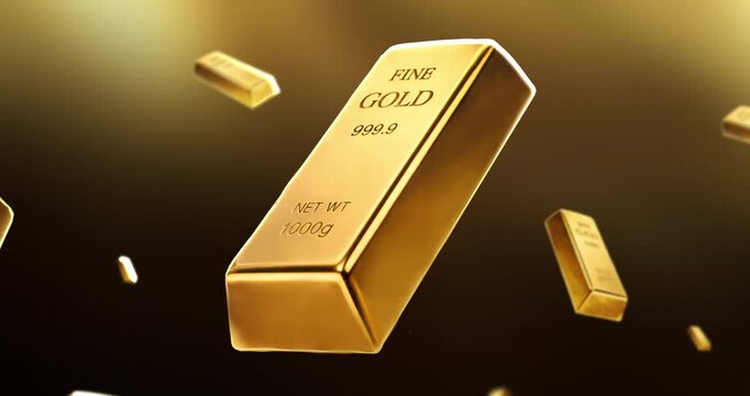 Seamless loop of floating gold bars on dark background, conceptual 3D animation for premium wealth management, secure banking and luxury financial asset.