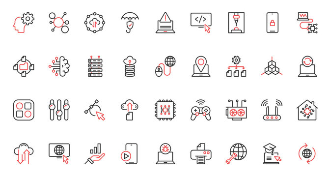 Internet network system computer database symbols, big data analysis protection, exchange download, support center. Information technology trendy red black thin line icons set vector illustration.