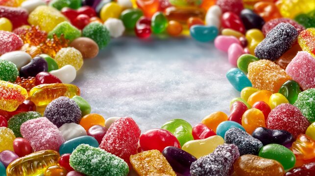 Colorful assortment of various candies arranged in a circular pattern with a blank center space on a light background suitable for design or text overlay