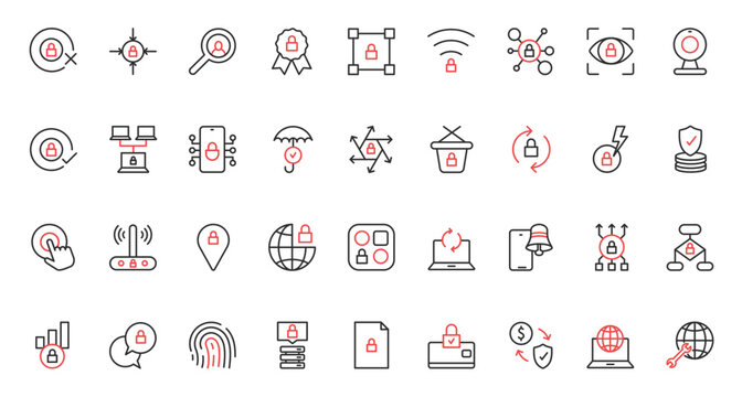Cybersecurity system, hosting on server, accepted secure wireless connection global GPS, data update protection with shield. Online security trendy red black thin line icons set vector illustration.