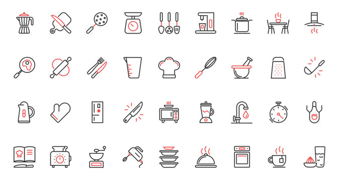 Coffee machine and hood, symbols of restaurant or home equipment tools for cooking, scales microwave, chefs apron and recipe book. Kitchen trendy red black thin line icons set vector illustration.