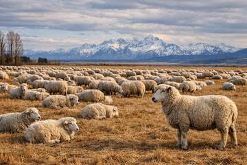 Fototapeta premium Sheep grazing across vast plain with distant snowcapped mountains under blue sky