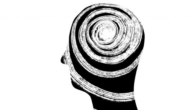 Minimalist 2D animation of human head silhouette featuring concentric spiral pattern inside. Motion graphic represents concepts of deep focus, hypnosis, mindfulness, meditation